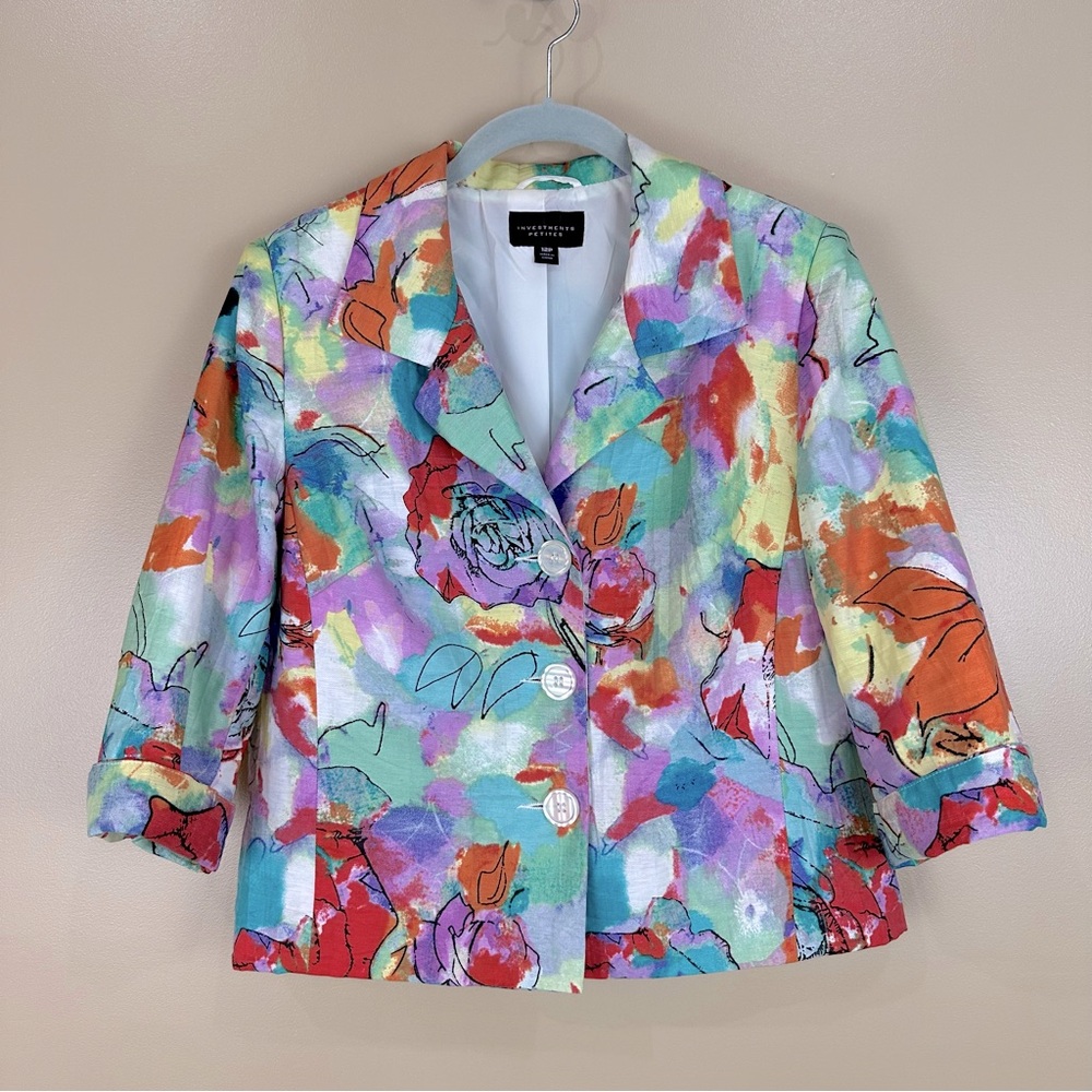 Investments Petites Colorful Linen Blend 3/4 Sleeve Jacket Blazer 12P Mature